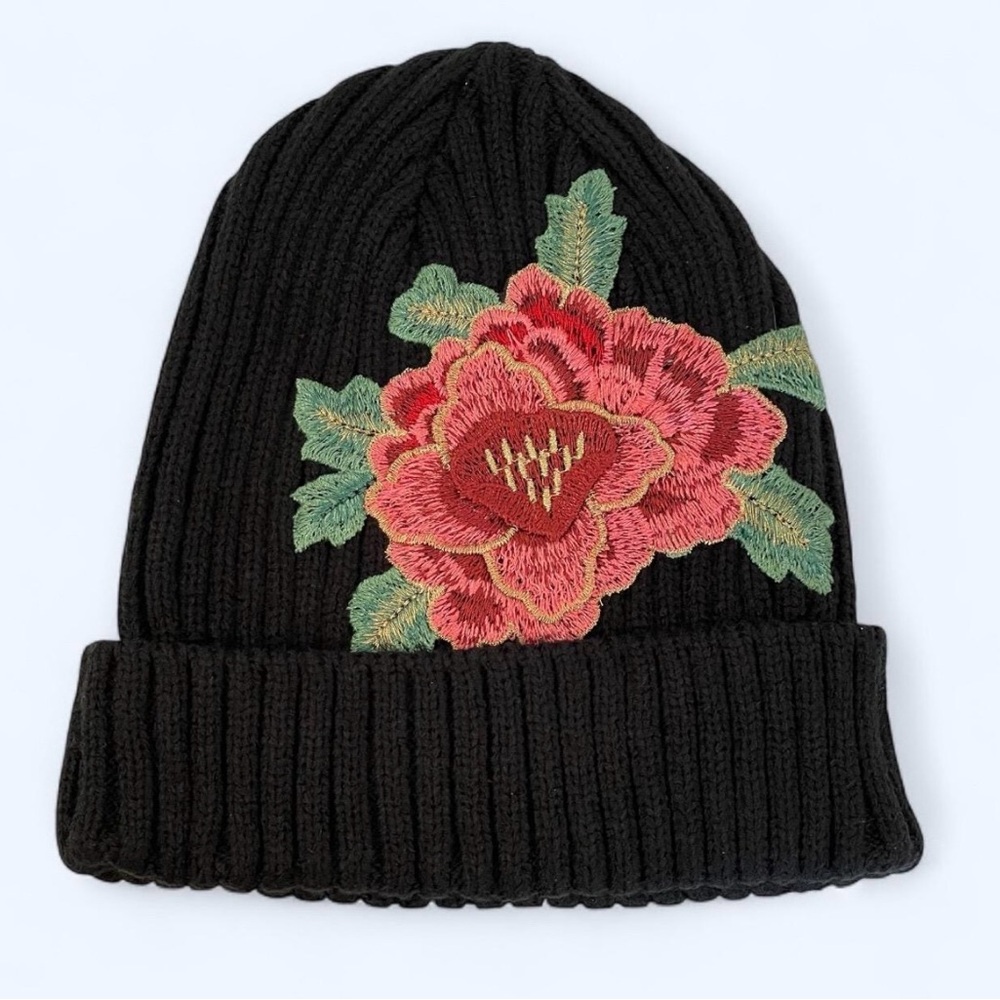 Black Knit Beanie with Vibrant Floral Appliqué / Winter Hat / Boho Fall Fashion